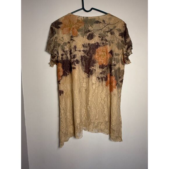 Roz & Ali XL Flutter Sleeve Tunic w lace overlay inTan/Brown/Peach/ Embellished - Picture 3 of 10